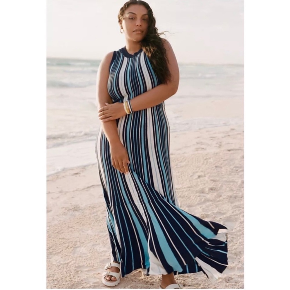 Anthropologie Maeve Lisanne Knit Maxi Dress Blue White Vertical Stripe Size S - Picture 3 of 14